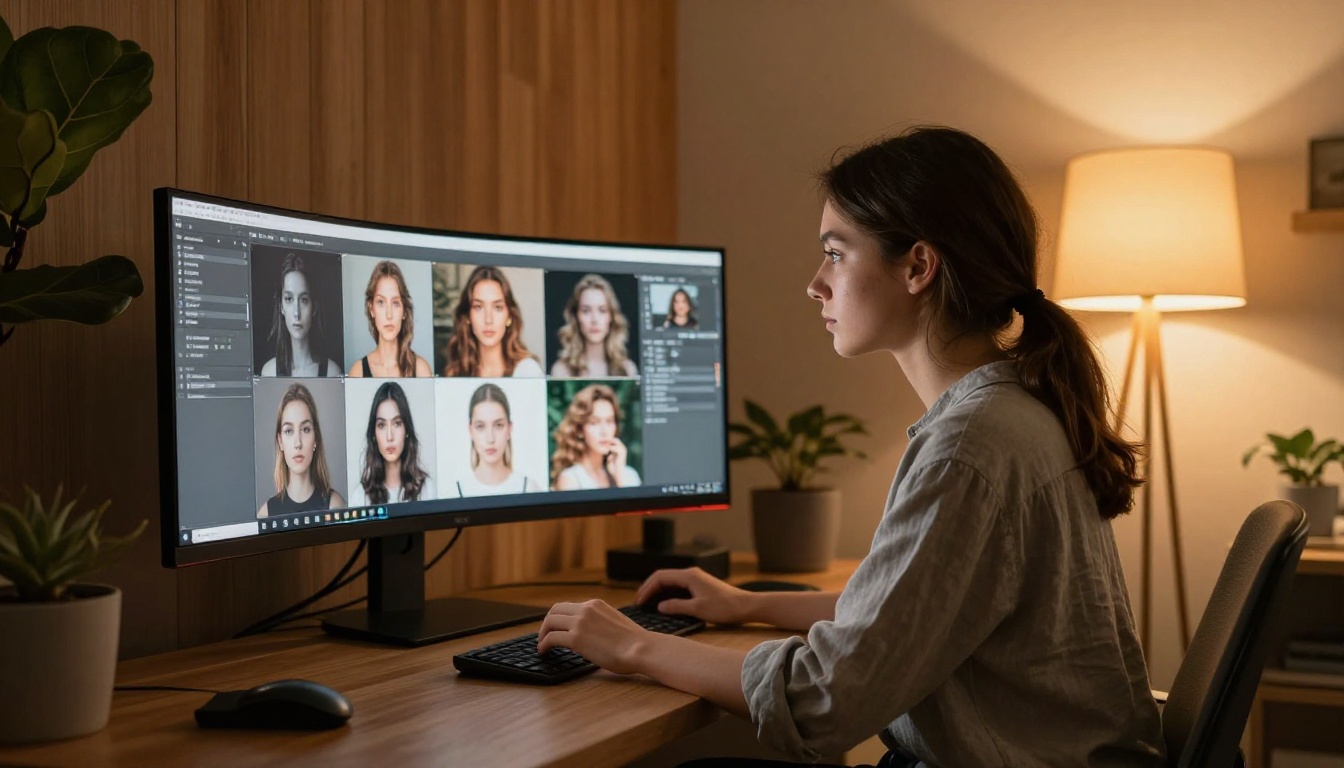 Woman working at home office in warm light