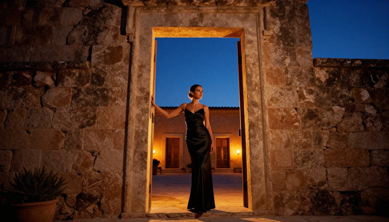 Woman in elegant evening dress at dusk