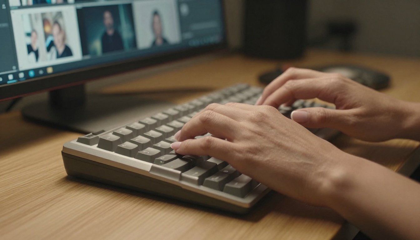 Hands crafting a prompt on mechanical keyboard