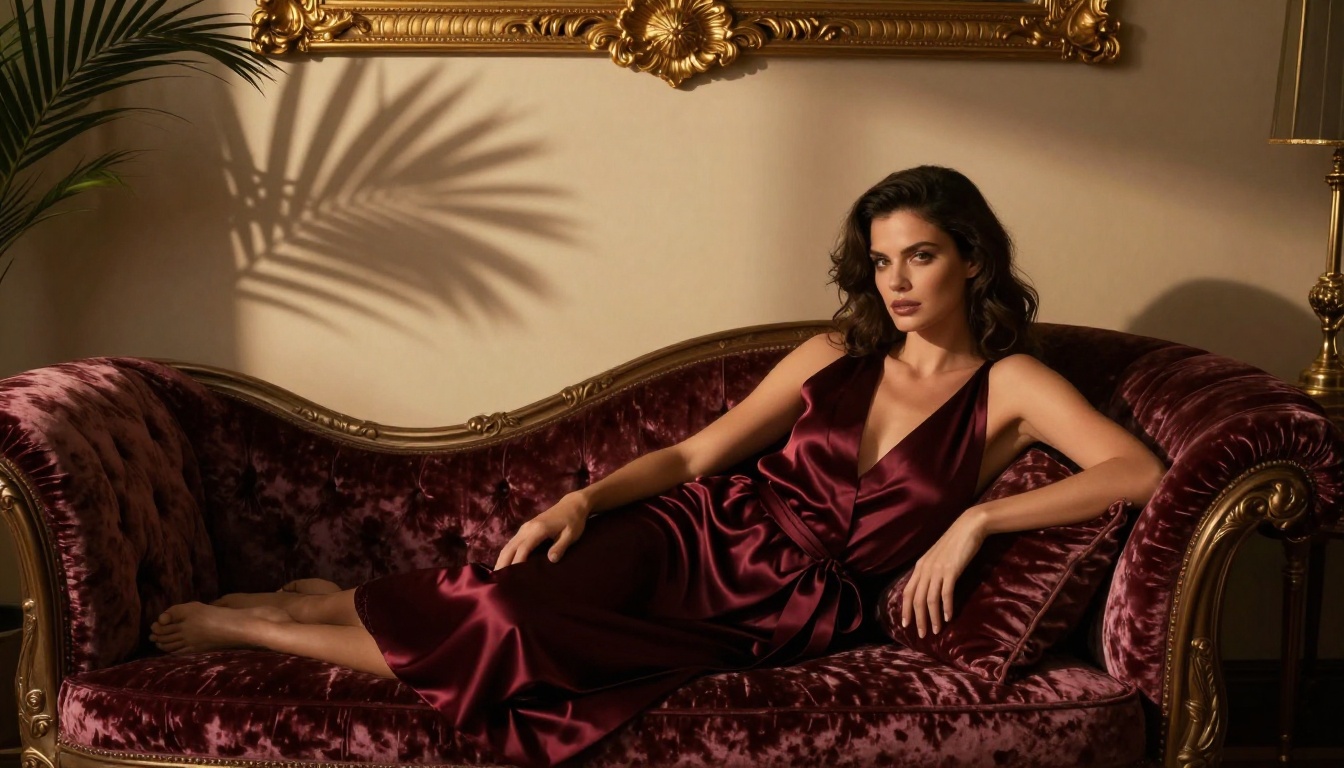 A woman in a deep burgundy silk robe on a velvet chaise lounge in an art deco bedroom
