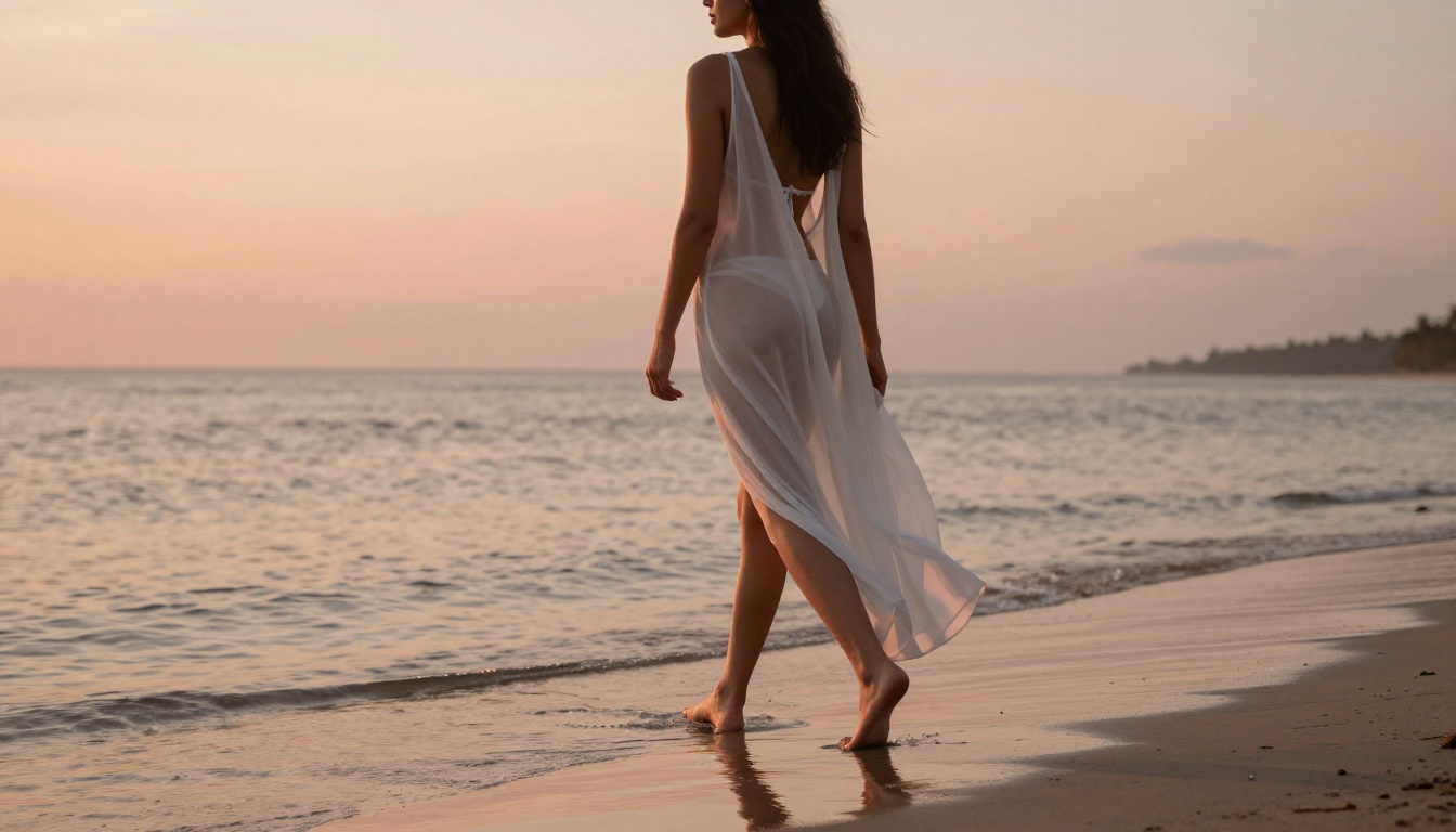 A woman in a sheer kaftan walking barefoot along a tropical shoreline at dawn