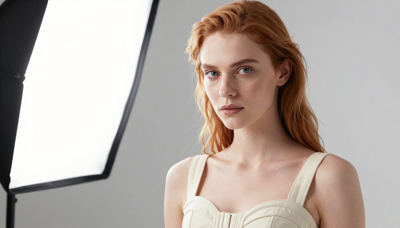 A woman in a structured ivory corset top against a clean white studio backdrop