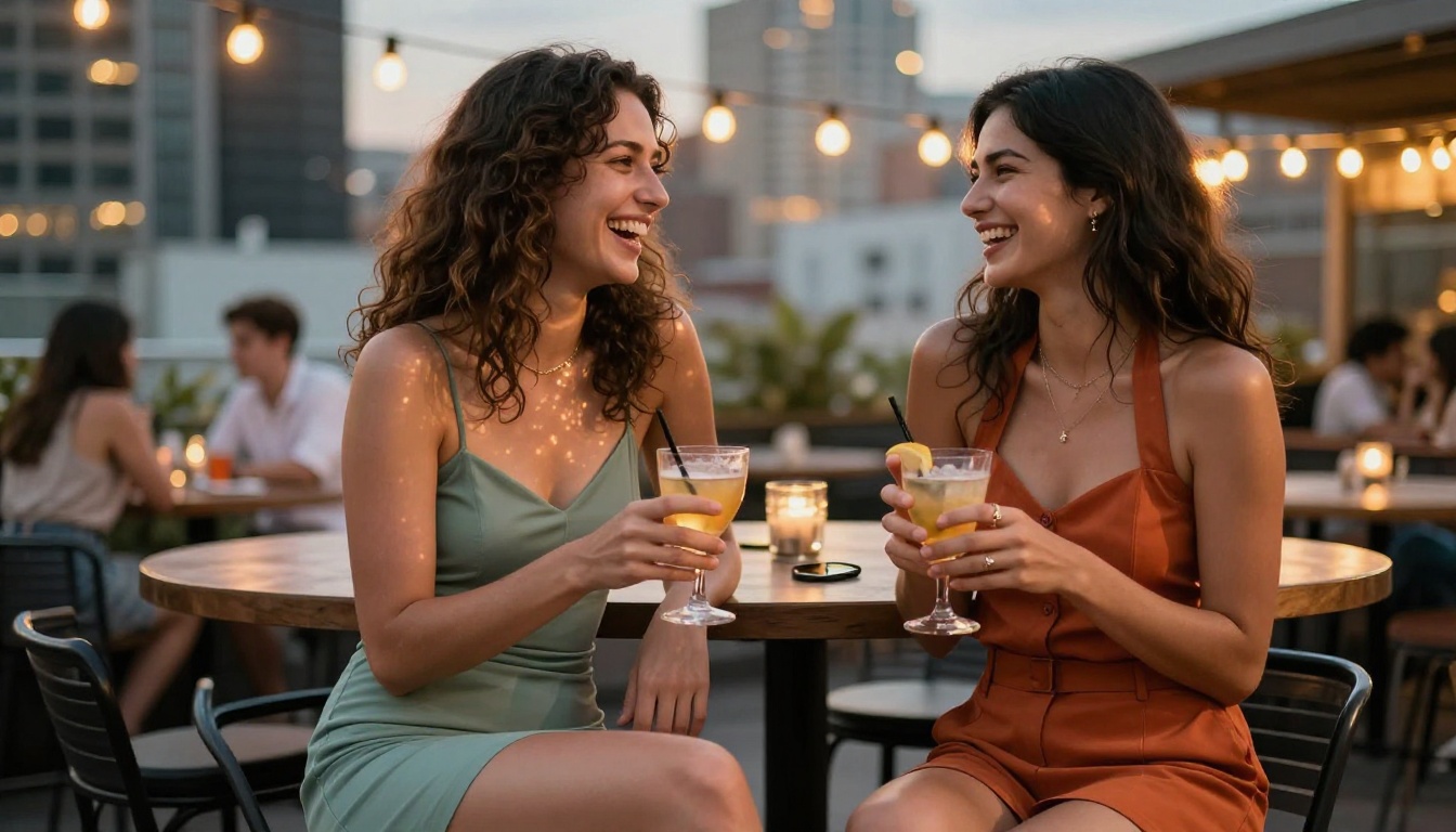 Two women laughing over cocktails on a stylish rooftop bar at dusk