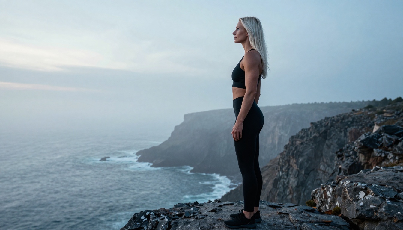 Tall athletic blonde woman in matte black bikini standing on rocky coastal cliff at dawn with sea fog below Tall athletic blonde woman in matte black bikini standing on rocky coastal cliff at dawn with sea fog below