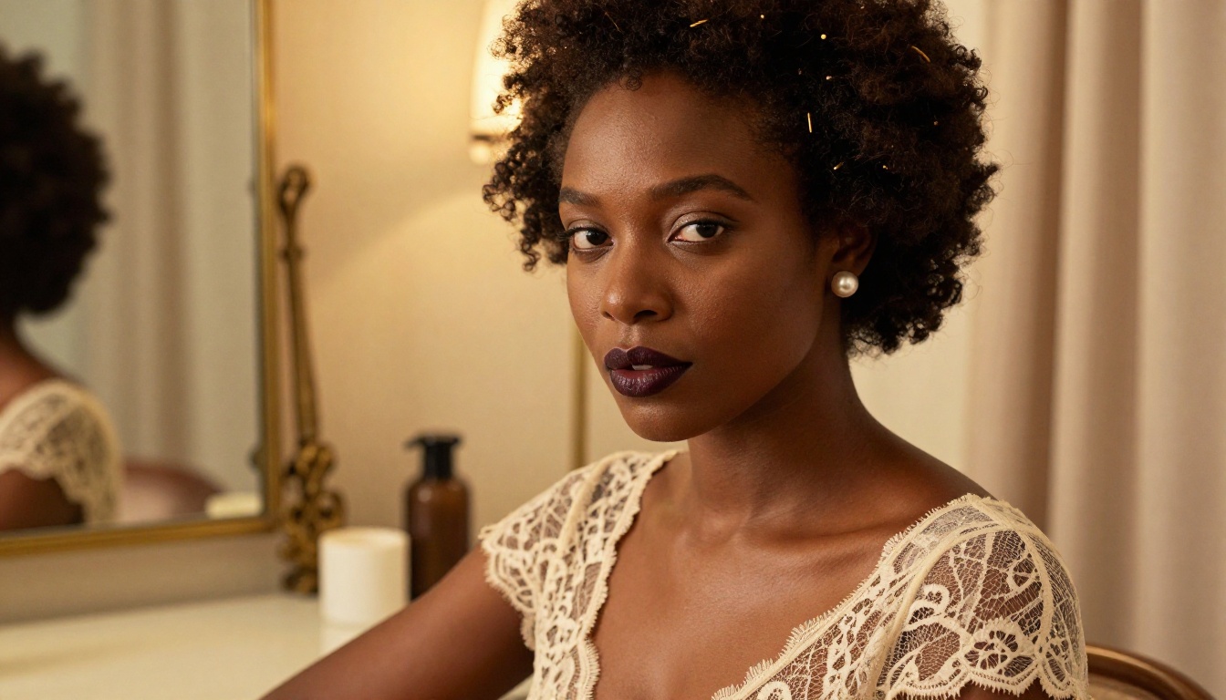 Dark-skinned woman with natural afro and gold pins wearing sheer ivory lace bodysuit at boudoir vanity with amber lamp light Dark-skinned woman with natural afro and gold pins wearing sheer ivory lace bodysuit at boudoir vanity with amber lamp light