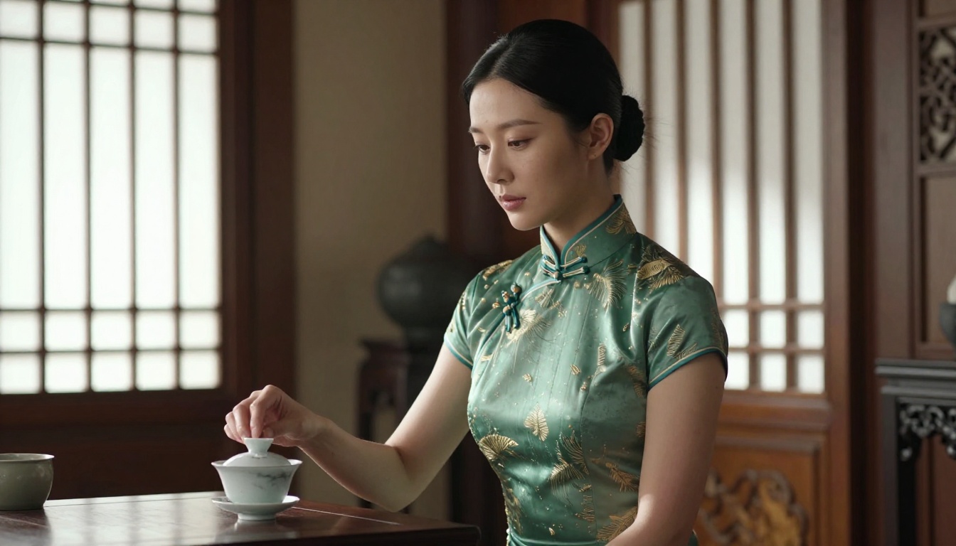 Korean woman in jade qipao dress holding teacup in traditional tea house interior with paper screen doors and natural daylight Korean woman in jade qipao dress holding teacup in traditional tea house interior with paper screen doors and natural daylight