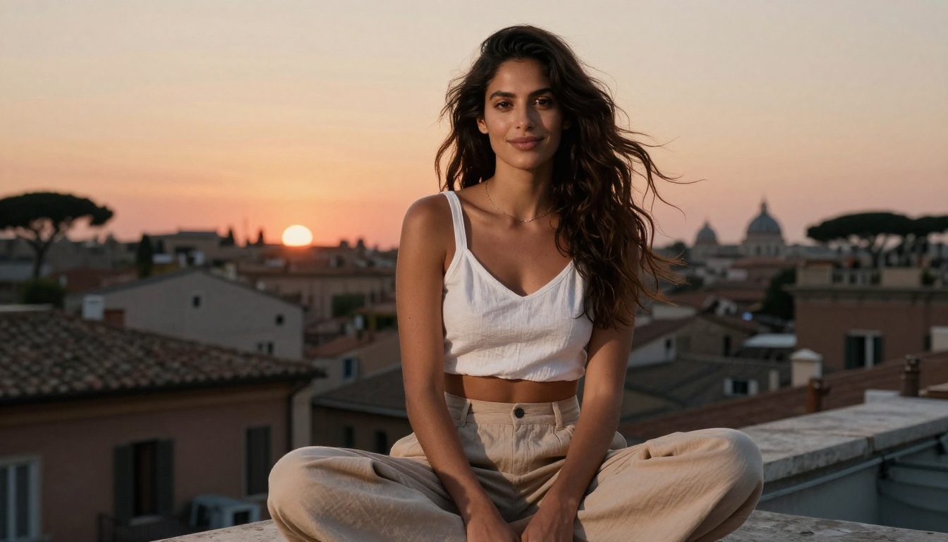 Mediterranean brunette woman sitting cross-legged on Rome rooftop terrace at dusk with orange-pink sunset sky and distant domes Mediterranean brunette woman sitting cross-legged on Rome rooftop terrace at dusk with orange-pink sunset sky and distant domes