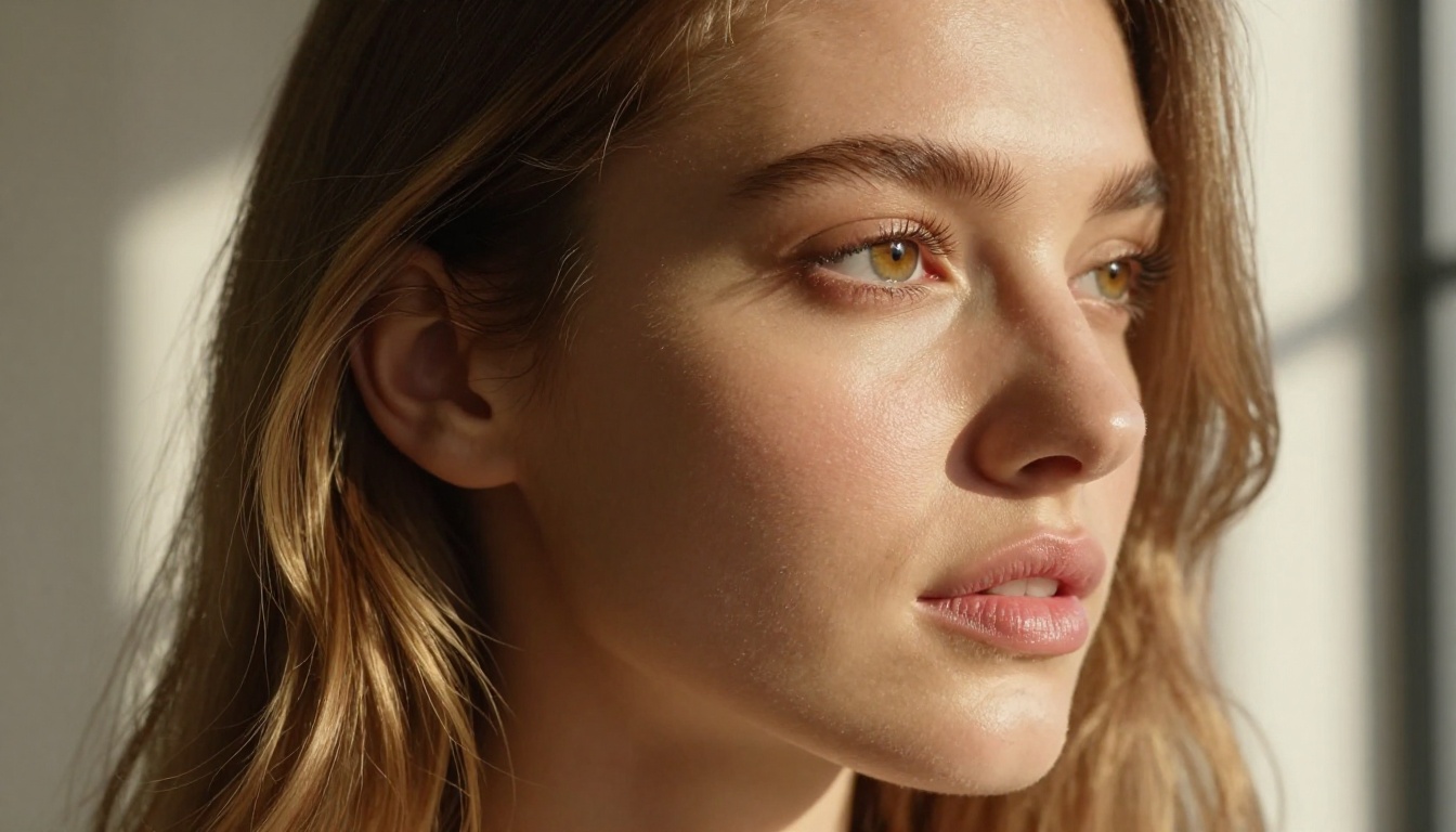Close-up beauty portrait of honey-blonde woman with dewy skin, profile view, soft side window light