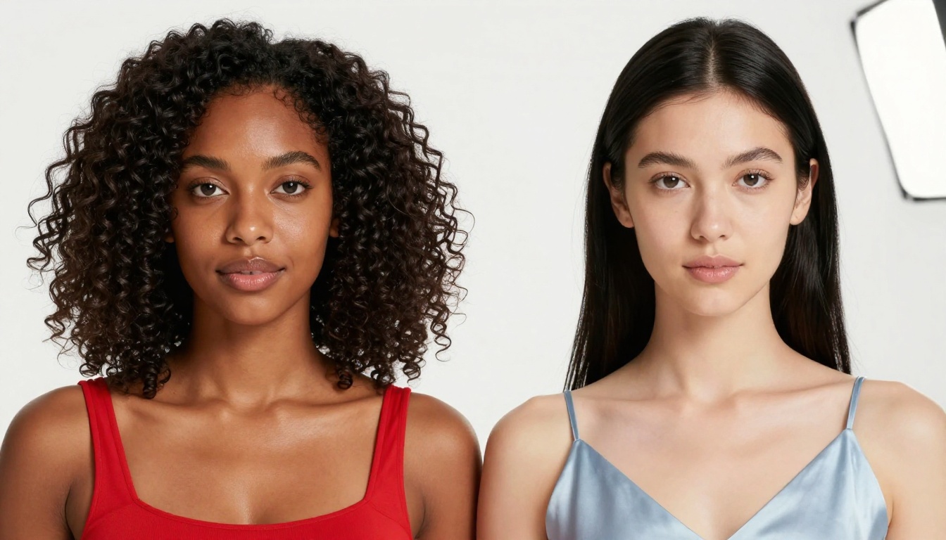Two women in editorial fashion portrait, different skin tones, studio backdrop, white and scarlet tops