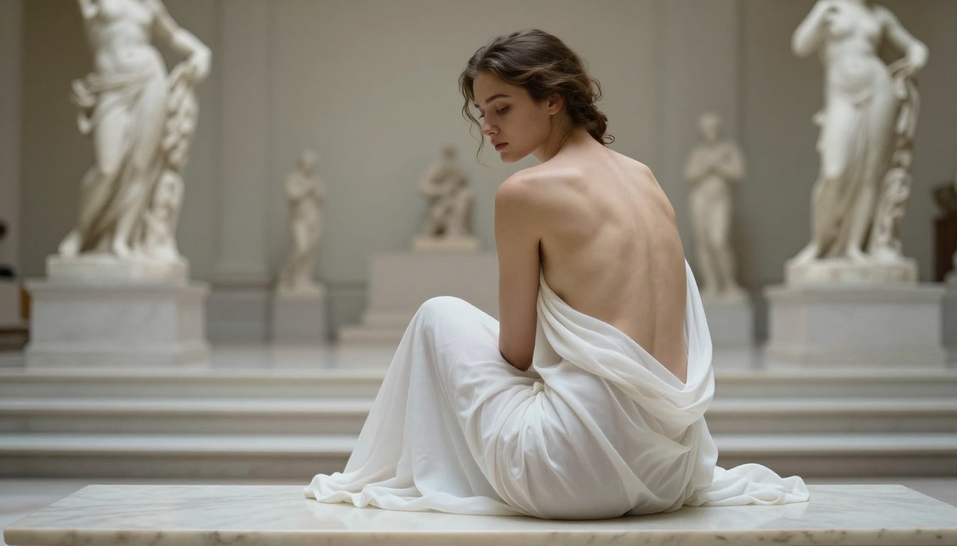 Woman in translucent gauze on marble gallery steps, artistic implied nude, classical museum light from above
