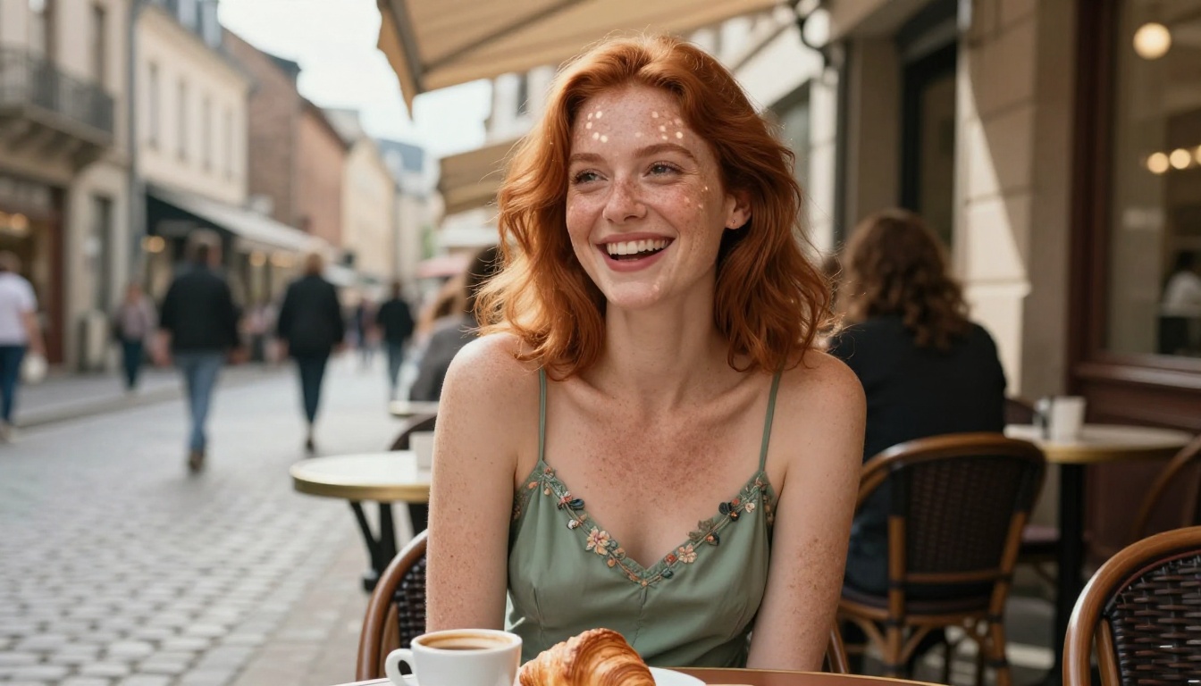 Woman with auburn hair laughing at outdoor European cafe, sage slip dress, dappled midday sunlight through awning