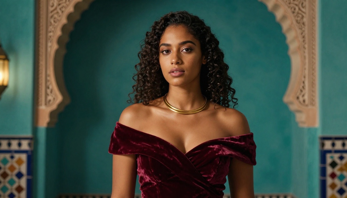 Glamour portrait of woman with natural afro in Moroccan riad interior, burgundy velvet off-shoulder dress, warm lantern light