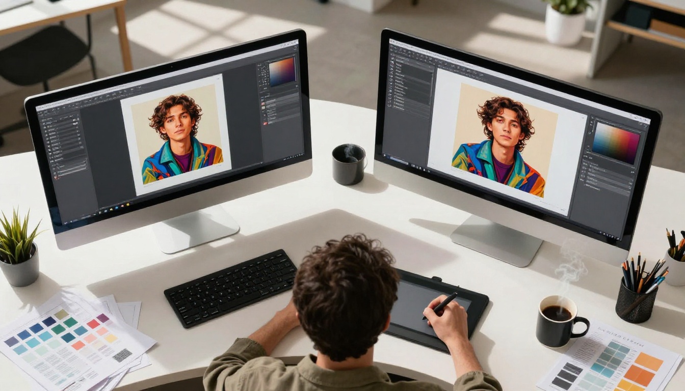 Aerial top-down view of a creative design studio with two large 4K monitors showing AI-generated artwork Aerial top-down view of a creative design studio with two large 4K monitors showing AI-generated artwork