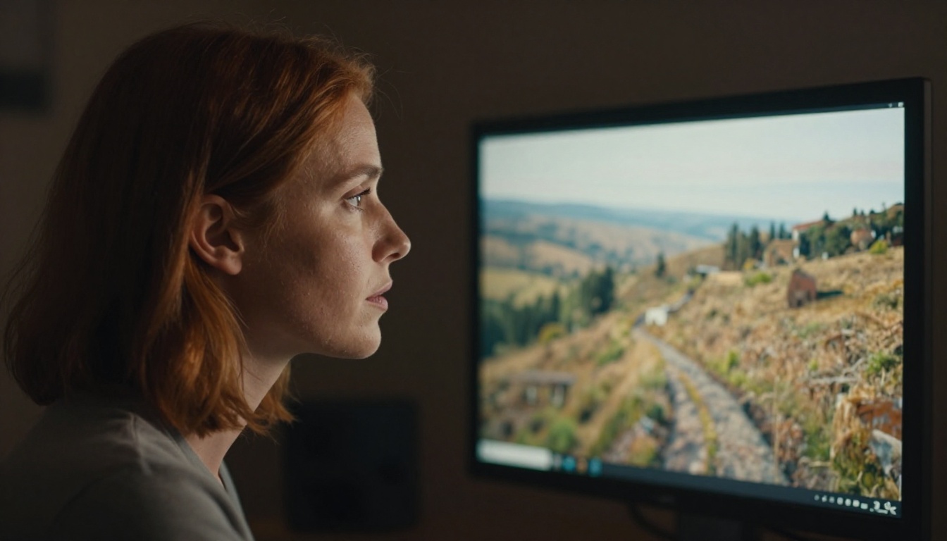 Side profile portrait of a woman with auburn hair intently studying a high-resolution 4K image on a monitor Side profile portrait of a woman with auburn hair intently studying a high-resolution 4K image on a monitor