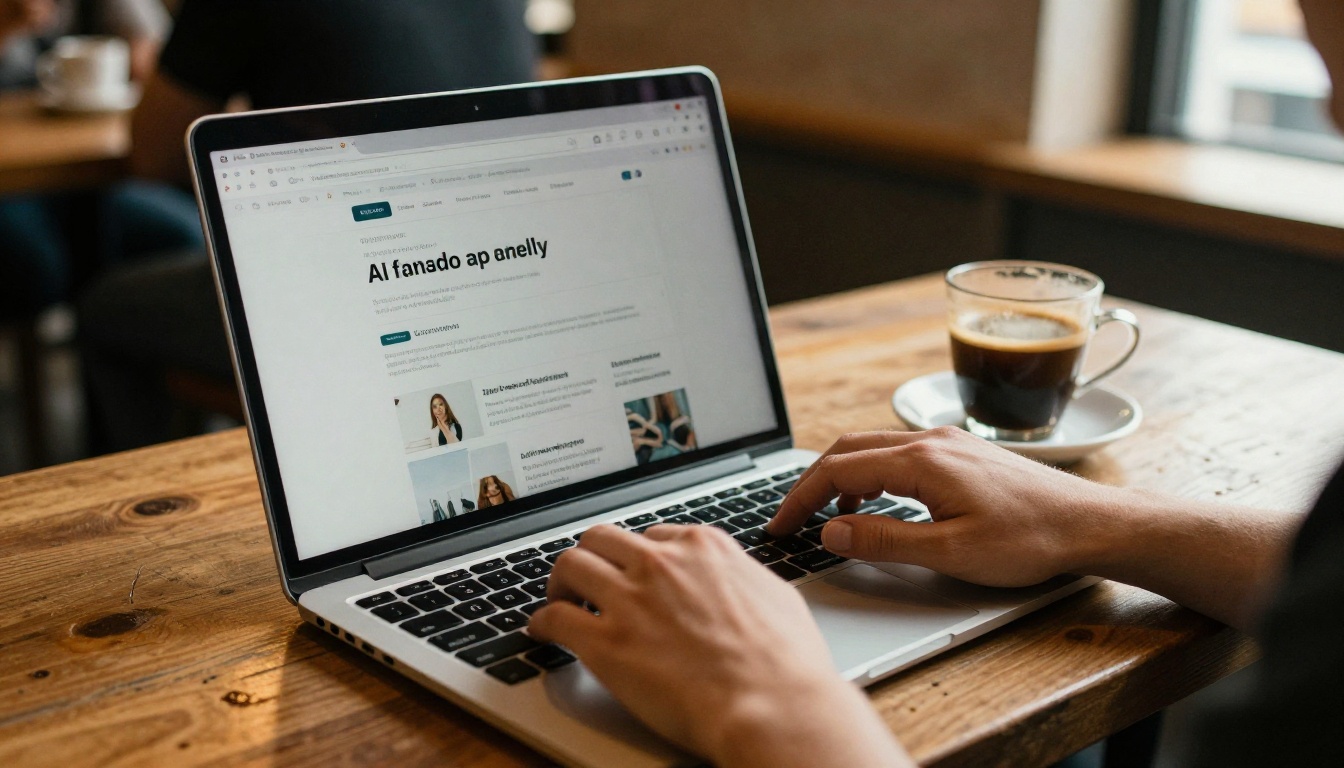 Photorealistic scene of a laptop displaying an AI image generation platform in a warm cafe environment Photorealistic scene of a laptop displaying an AI image generation platform in a warm cafe environment