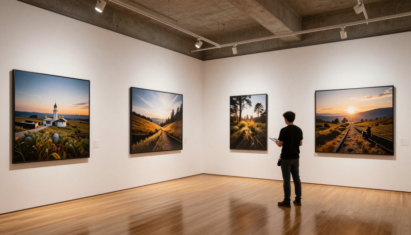 Wide establishing shot of a modern photography studio with large gallery prints on white walls Wide establishing shot of a modern photography studio with large gallery prints on white walls