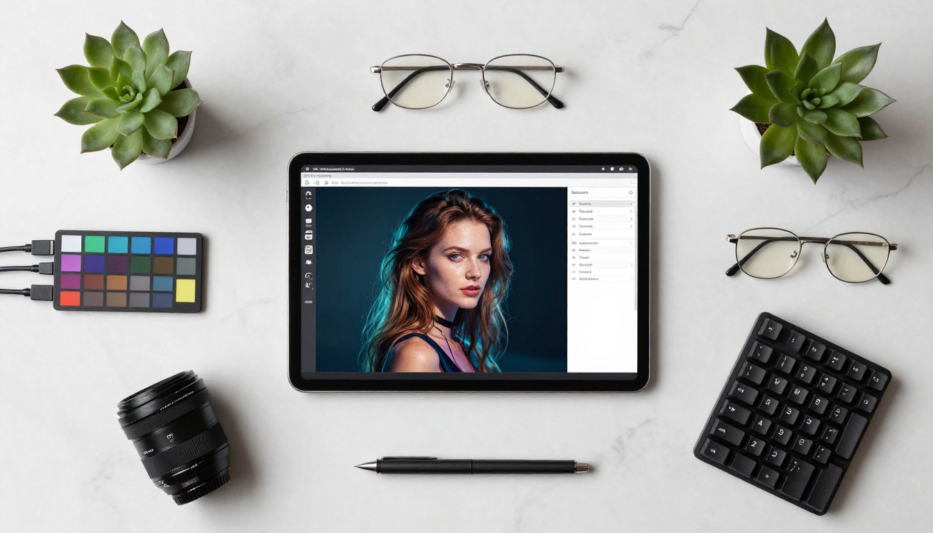 Photorealistic overhead flat-lay of creative tools including tablet, color checker, and keyboard on white marble Photorealistic overhead flat-lay of creative tools including tablet, color checker, and keyboard on white marble