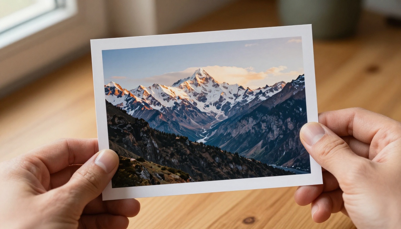 Close-up of two hands holding a printed 4K photograph of a stunning mountain valley with snow-capped peaks Close-up of two hands holding a printed 4K photograph of a stunning mountain valley with snow-capped peaks