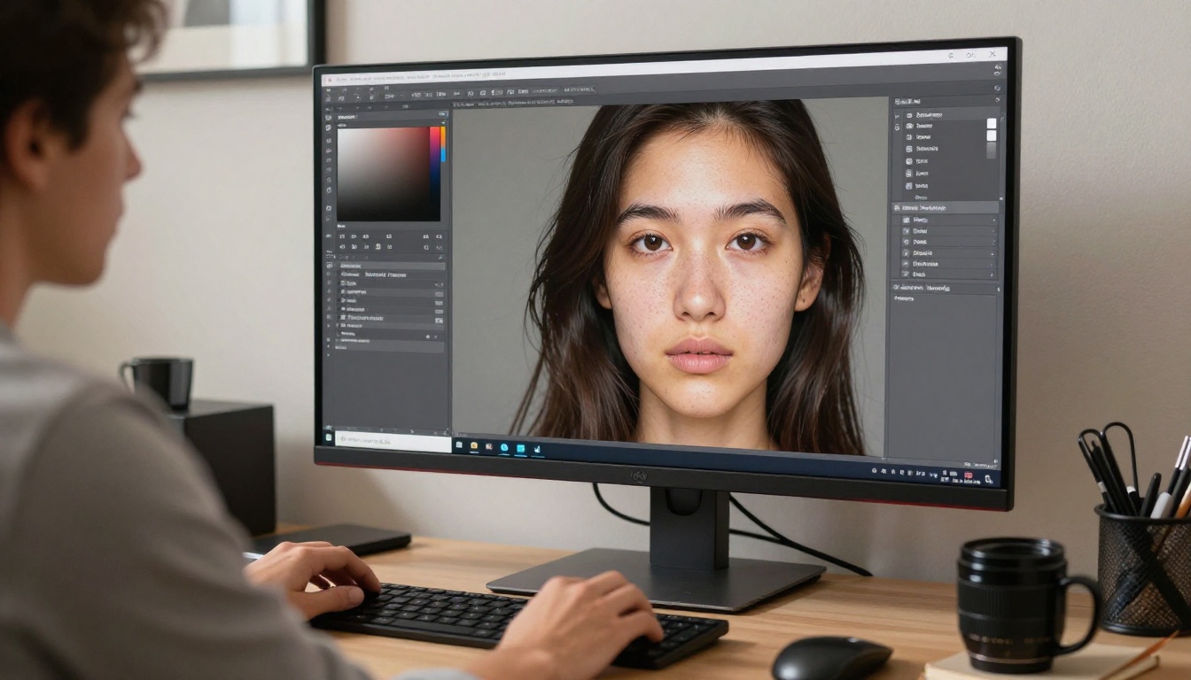 Graphic designer at standing desk reviewing 4K AI portrait output on large curved monitor