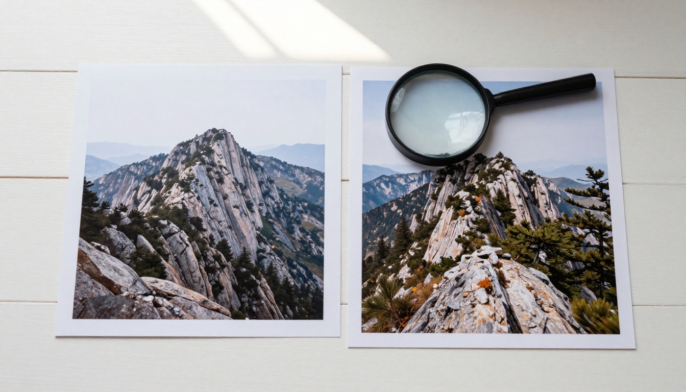 Two printed photographs side-by-side with magnifying glass showing resolution difference