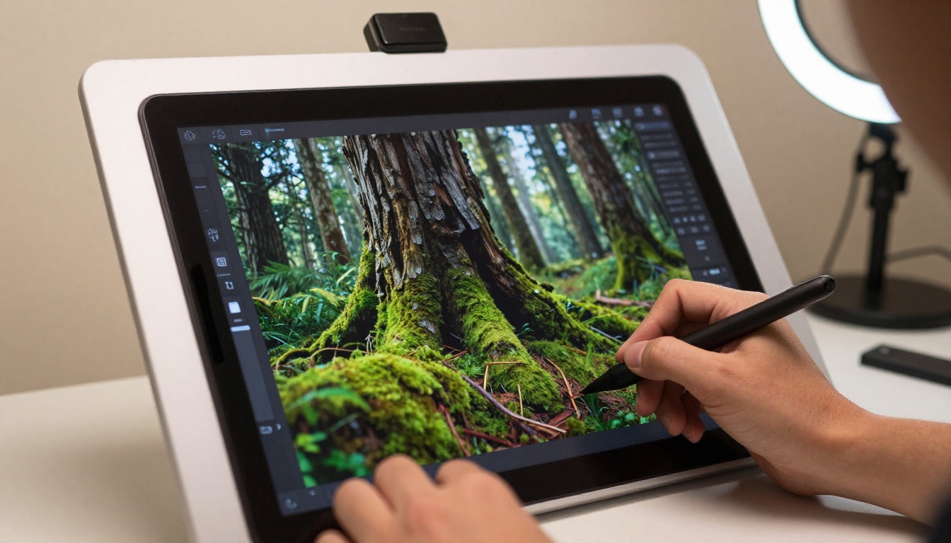 Artist using stylus on tablet with 4K forest detail on display behind