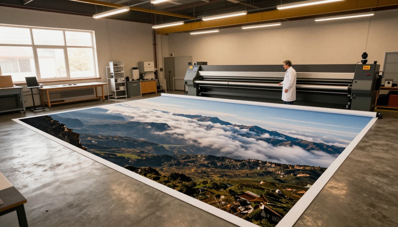 Large-format printing technician examining massive AI-generated landscape print