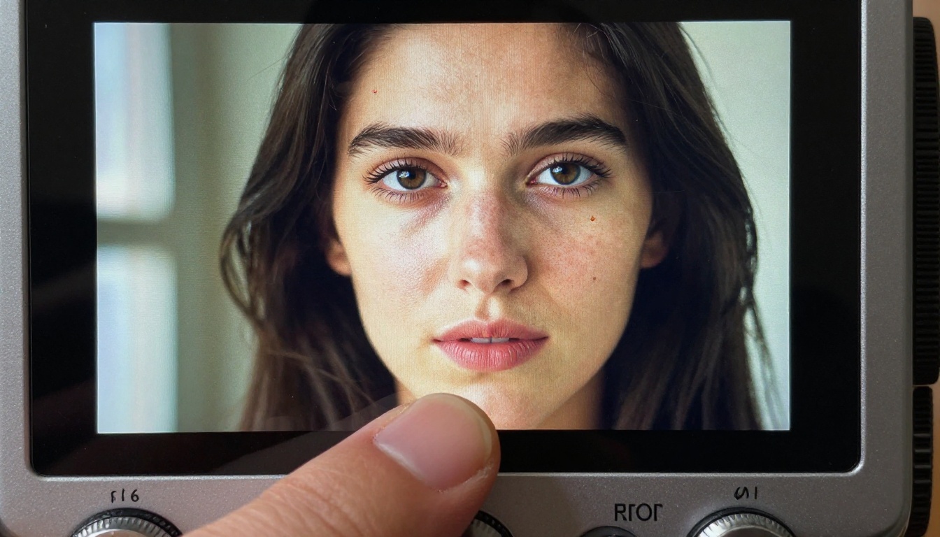 Camera LCD close-up showing sub-pixel detail and sharp portrait on screen