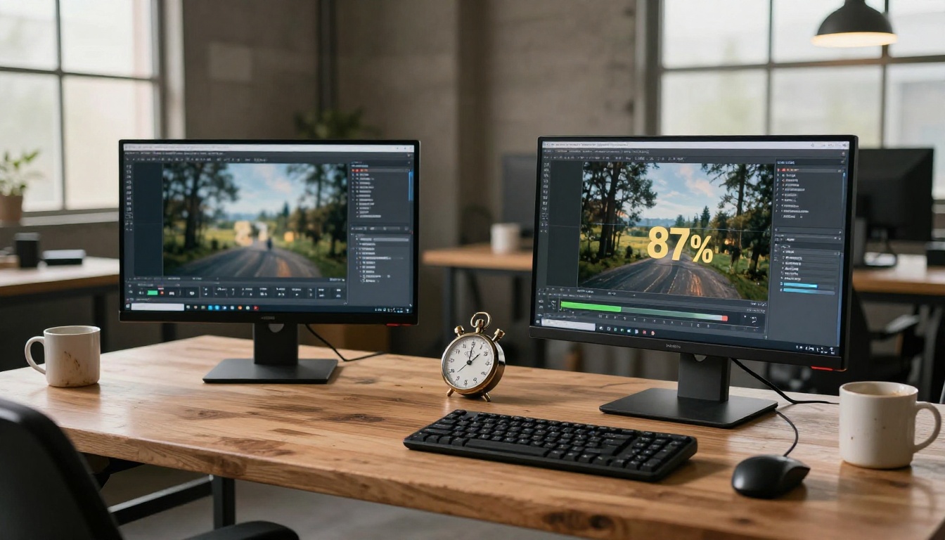 Two computers side-by-side showing fast low-res and slow 4K AI generation with stopwatch on desk