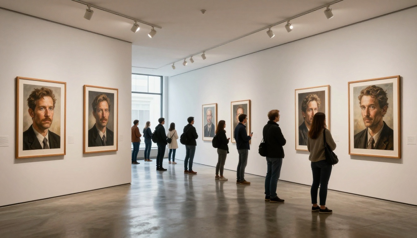 Gallery exhibition with large framed AI-generated prints on white walls, visitors examining detail