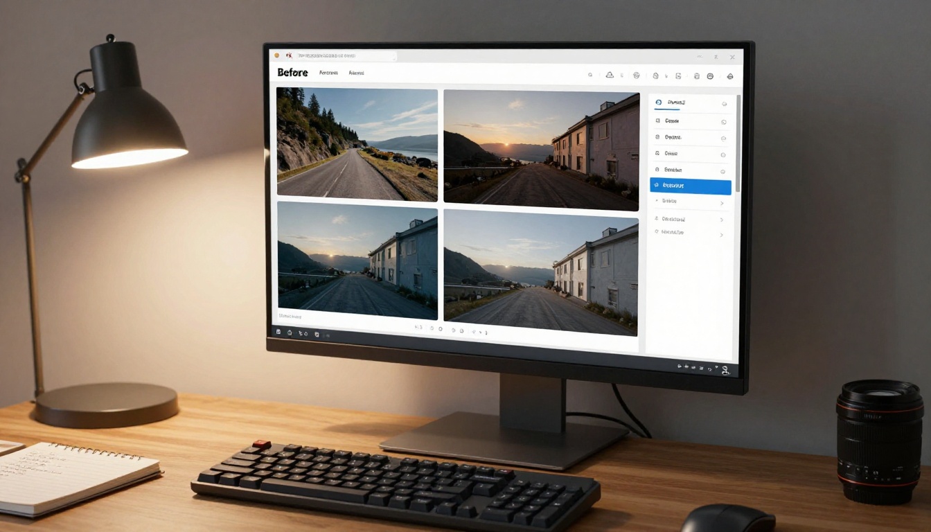 Developer workspace with AI resolution settings and before-after comparison on monitor