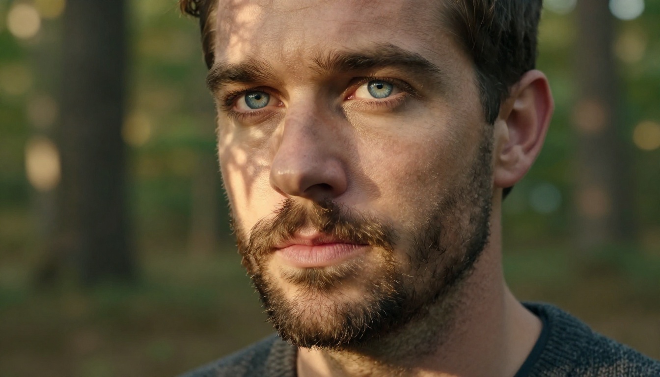 Man with stubble beard and steel-blue eyes in golden-hour outdoor light, Nikon Z9 85mm f/1.2, Fujifilm Velvia 50 emulation