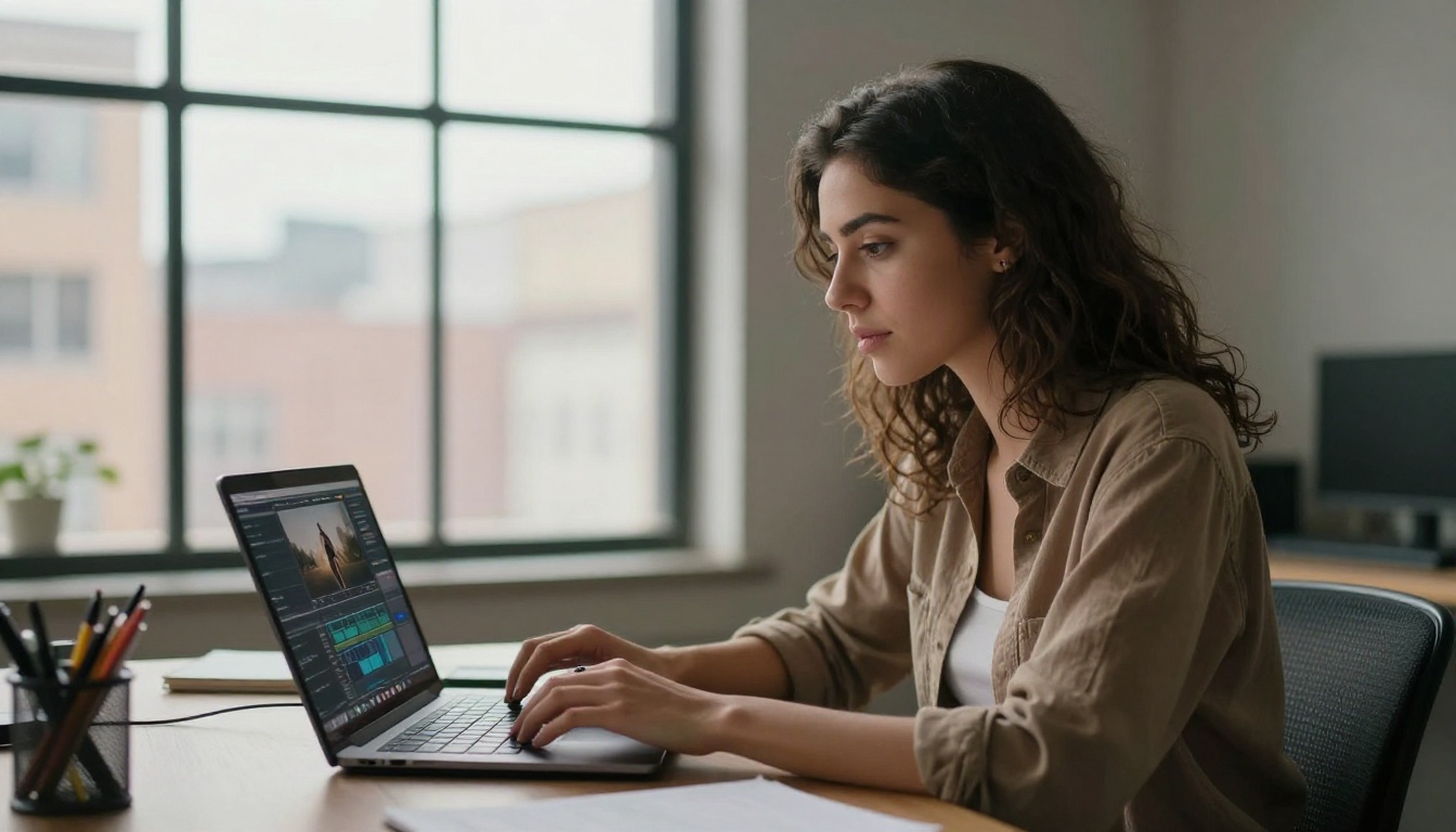 Content creator reviewing footage on laptop Content creator reviewing footage on laptop