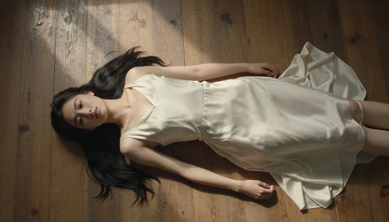 Overhead shot of woman in cream silk dress lying on oak wood floor, skylight beam, Hasselblad X2D f/5.6