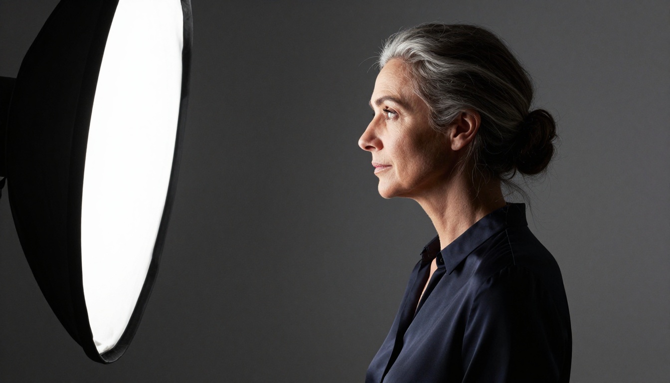 Woman with silver-streaked hair in Rembrandt studio lighting with deep shadows, Leica SL2-S 75mm Summilux f/1.4