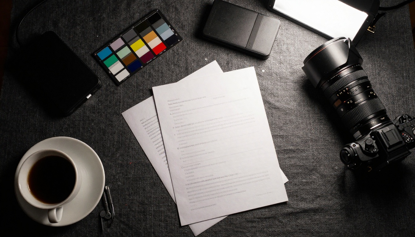 Filmmaker's flat lay workspace tools and equipment Filmmaker's flat lay workspace tools and equipment