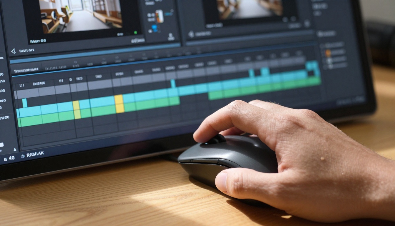Video timeline editing close-up with mouse hand Video timeline editing close-up with mouse hand