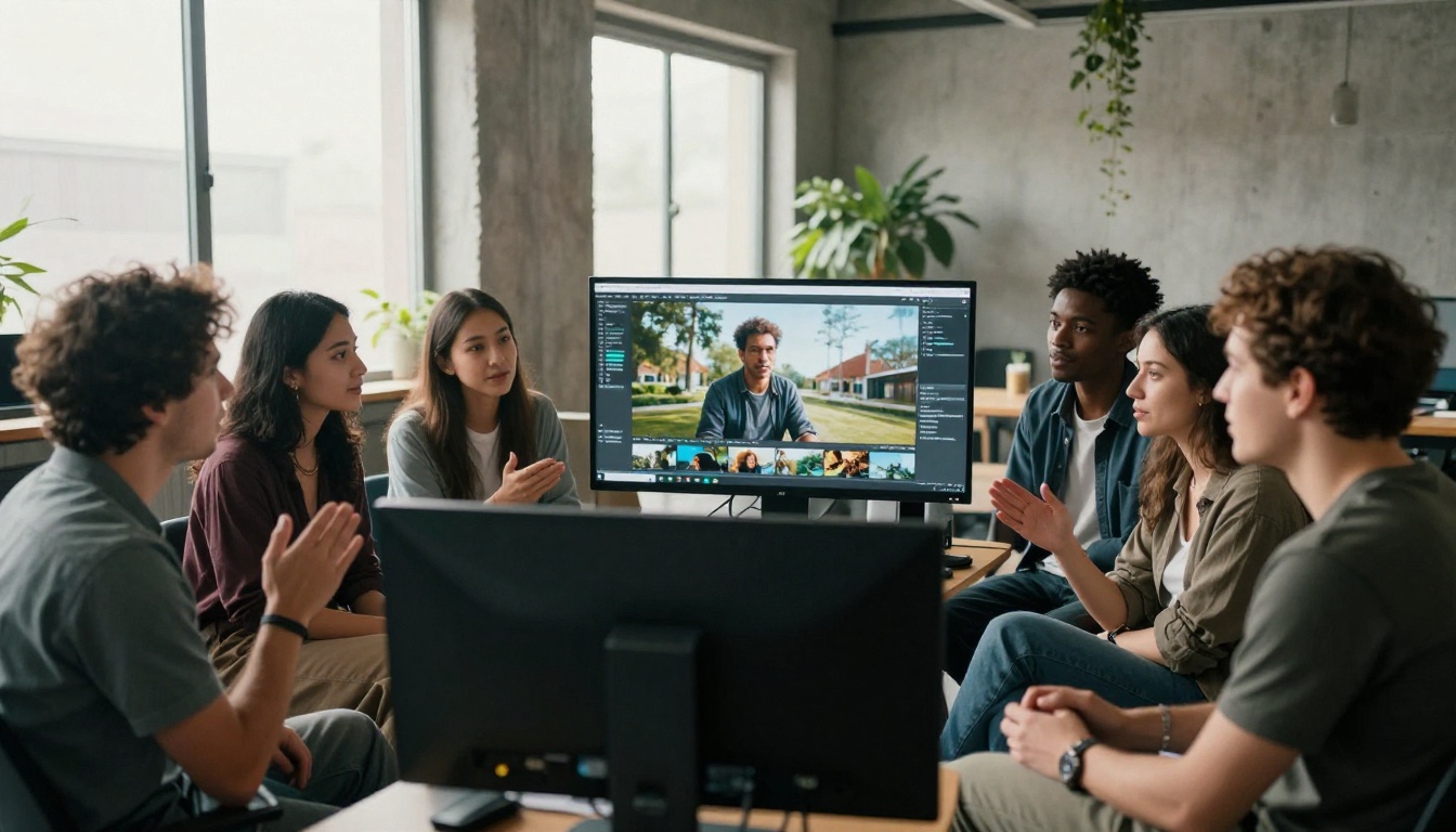 Creative team reviewing AI video content together Creative team reviewing AI video content together