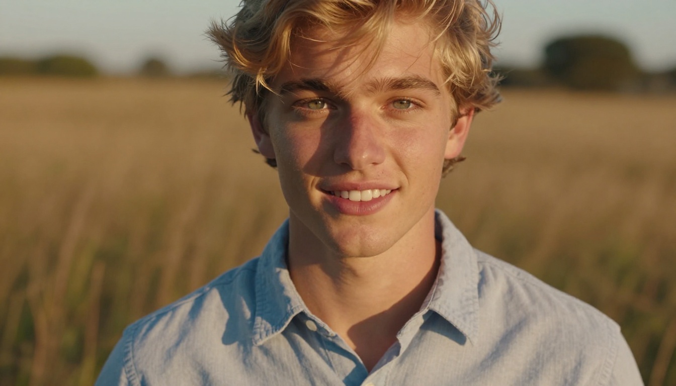 Young man with sandy blond hair in golden-hour field, Canon EOS R3 50mm f/1.2L, Fujifilm Pro 400H color