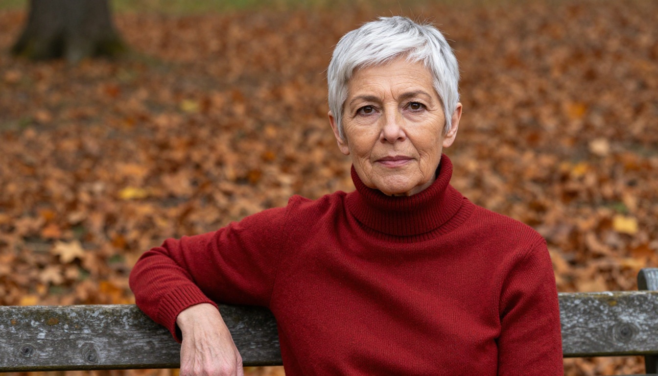 Mature woman with silver-white short hair on autumn park bench, Fujifilm GFX 100S 110mm f/2, Kodak Ektar 100