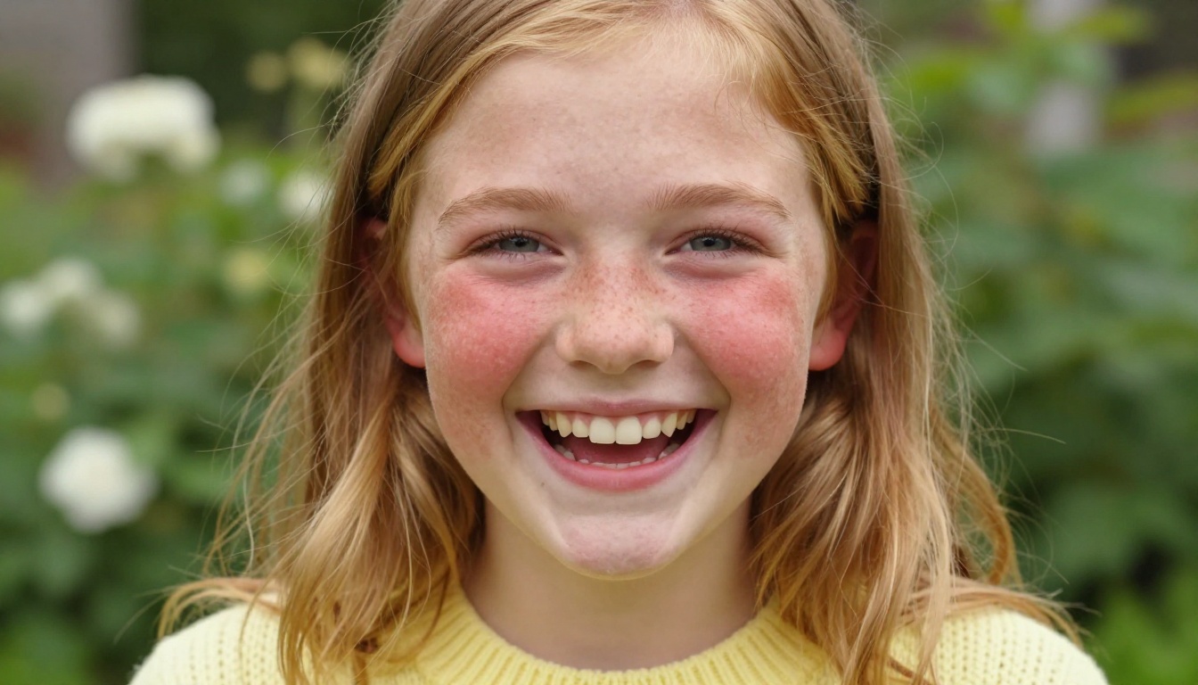 Teenage girl with freckles and strawberry-blonde hair laughing in overcast garden light, Nikon Z8 105mm f/1.4