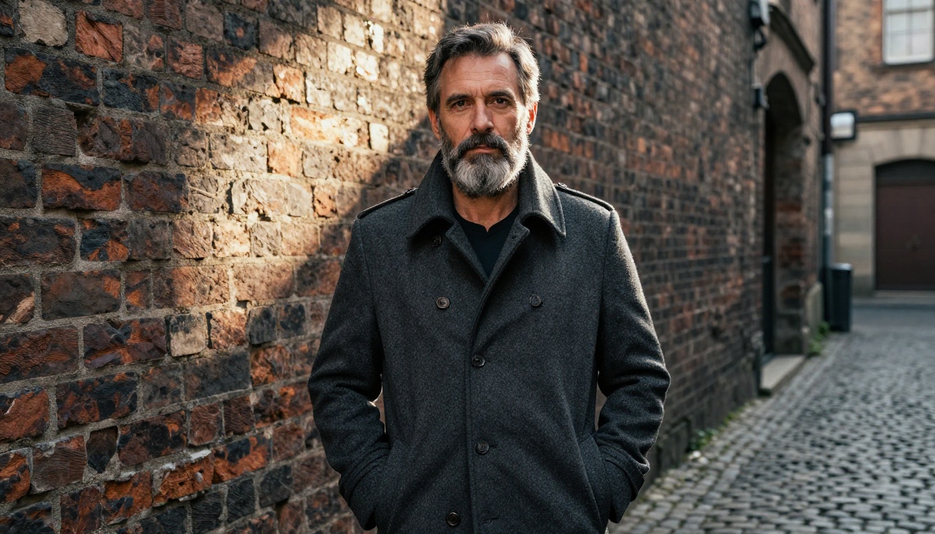 Man in 50s with salt-and-pepper beard in urban alley, dramatic sidelight, Sony A1 135mm f/1.8 G Master