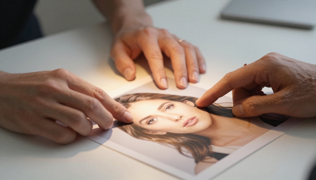 Hands holding a printed portrait, macro shot showing paper grain and fine ink detail, Sony FE 100mm STF, warm studio spotlight