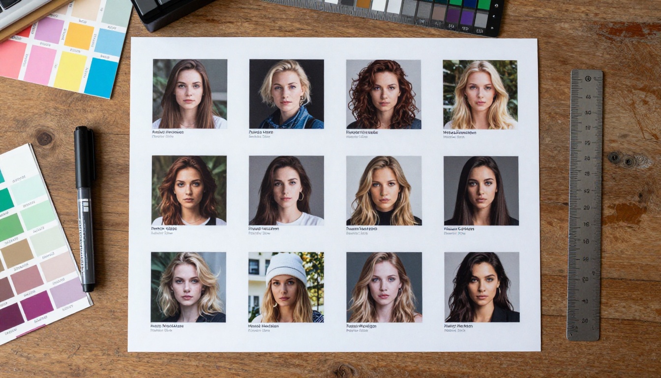 Aerial flat-lay of a designer's printed contact sheets with text overlays Aerial flat-lay of a designer's printed contact sheets with text overlays