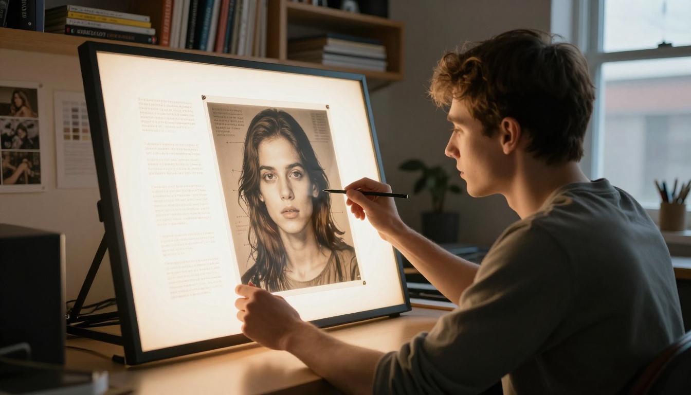 Graphic artist examining AI-generated images with text at a light table Graphic artist examining AI-generated images with text at a light table