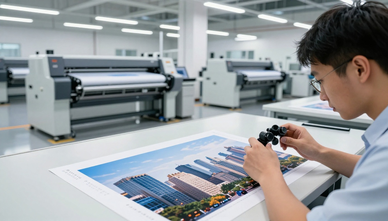 Print production quality control technician examining large-format AI-generated image Print production quality control technician examining large-format AI-generated image