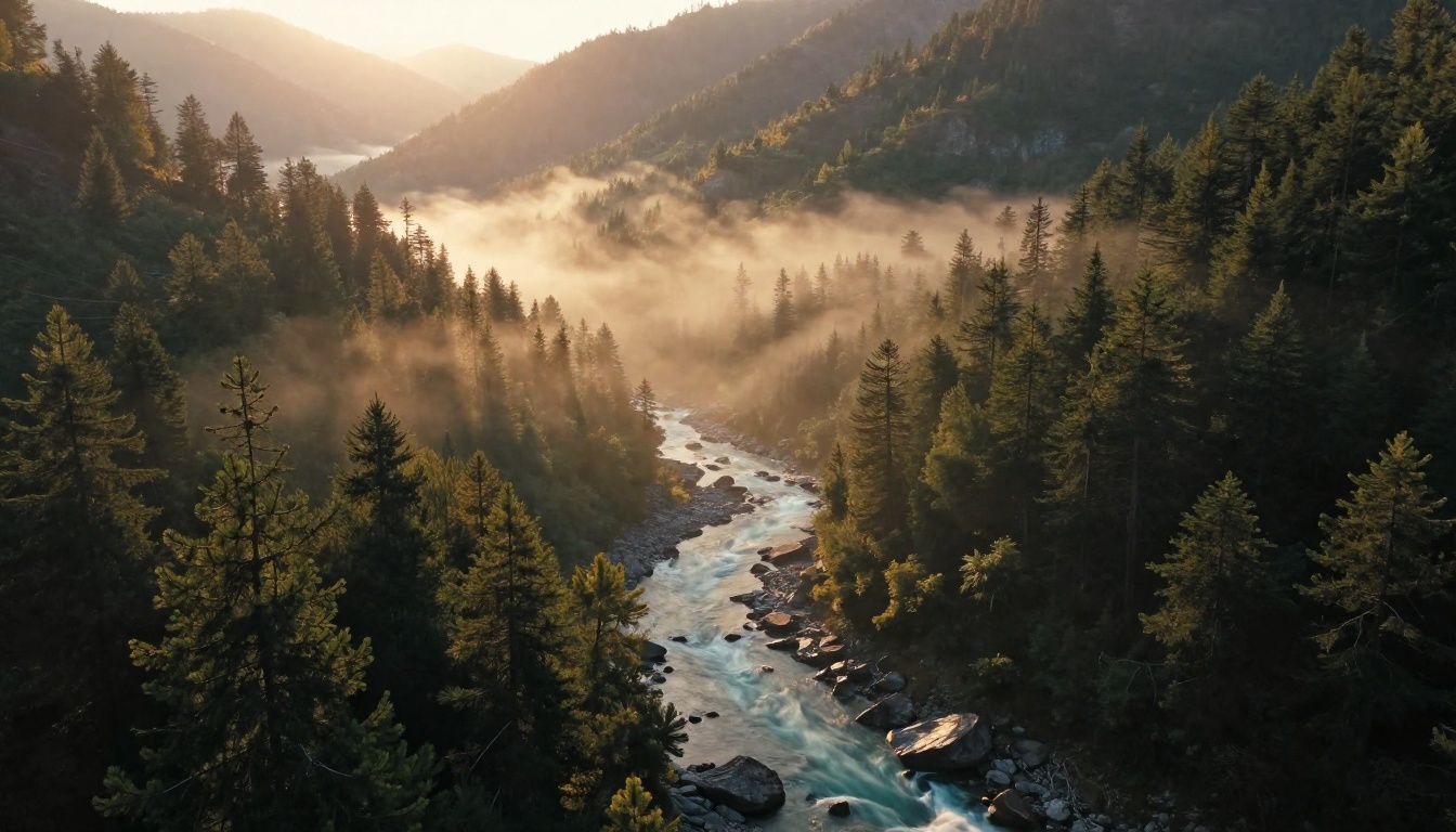 Aerial 4K landscape: mountain valley at dawn with Nano Banana Pro