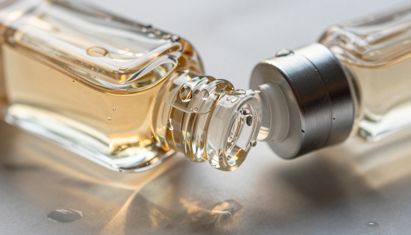 Extreme close-up macro product photography of crystal glass perfume bottle on white marble, water droplets catching warm morning sidelight