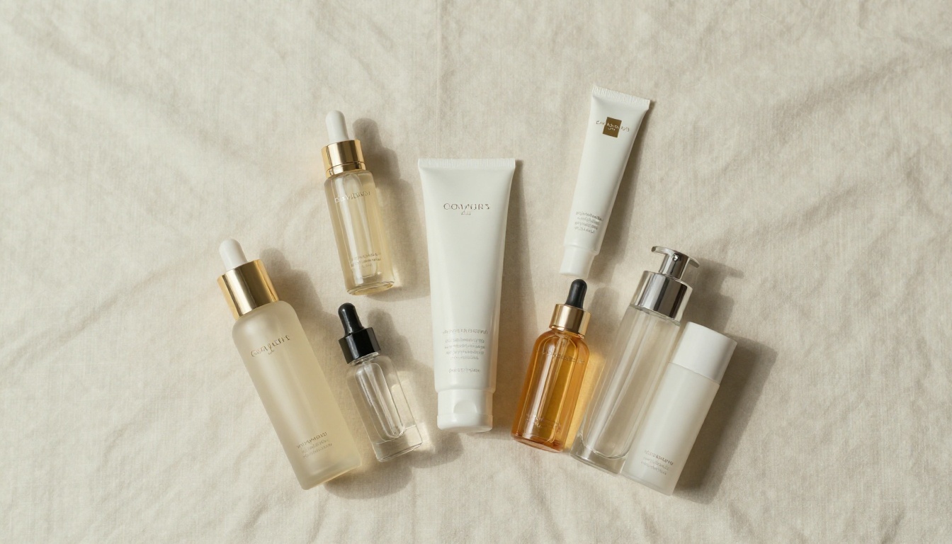Overhead aerial flat lay product photography of luxury skincare collection on cream linen fabric in geometric arrangement