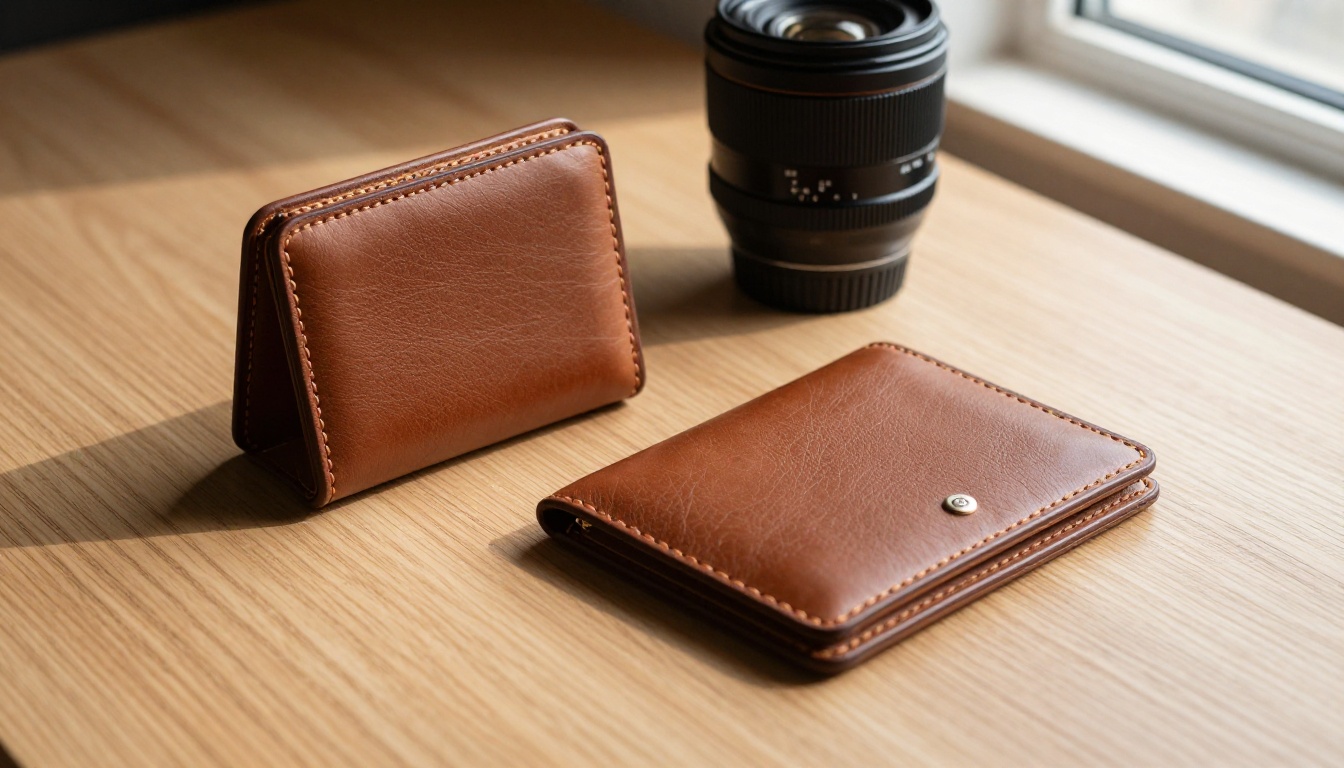 Professional e-commerce studio product photography of premium leather wallets on natural light oak wood surface