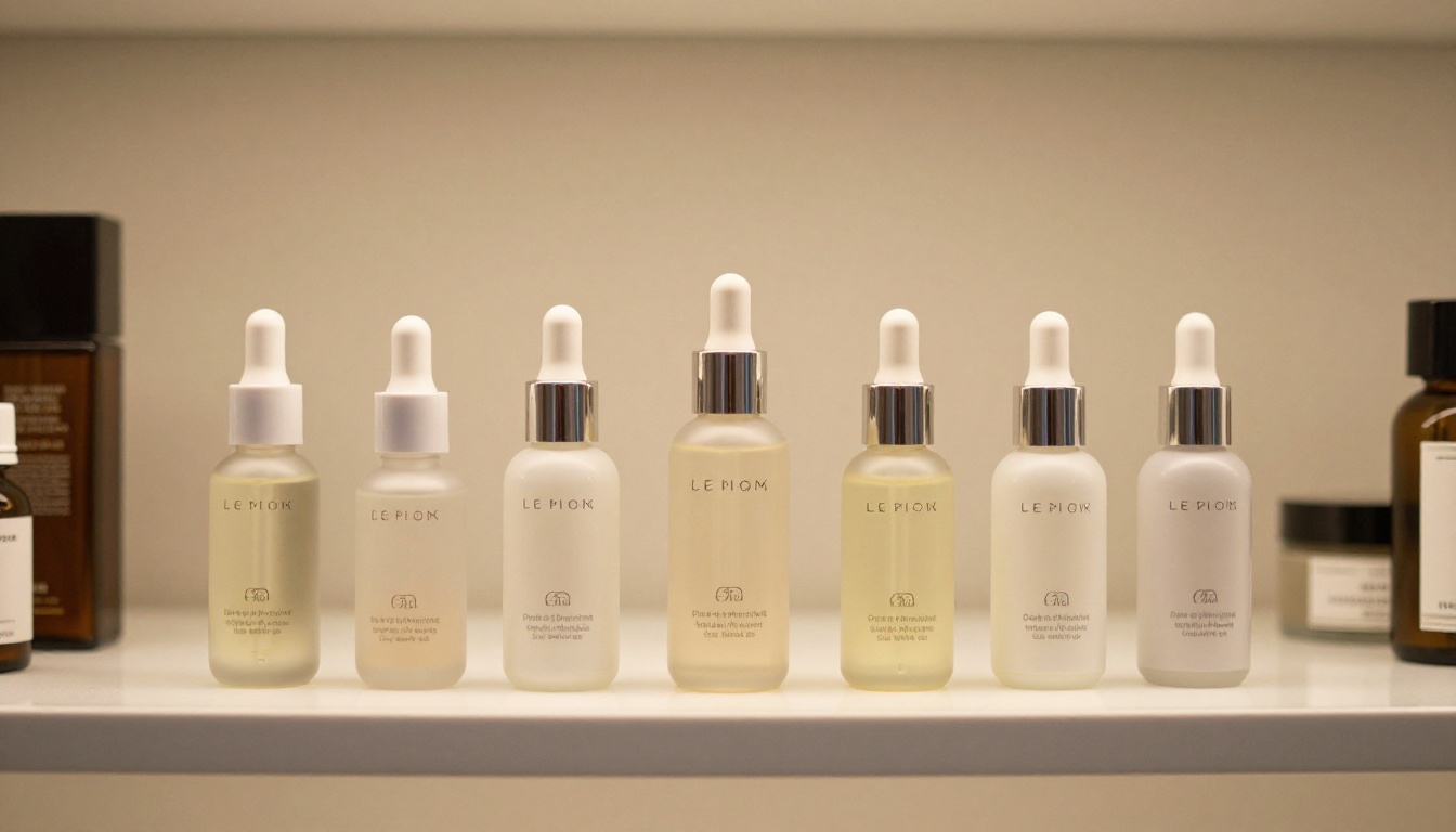 Professional lineup product photography of six luxury skincare serum bottles on frosted white glass shelf surface